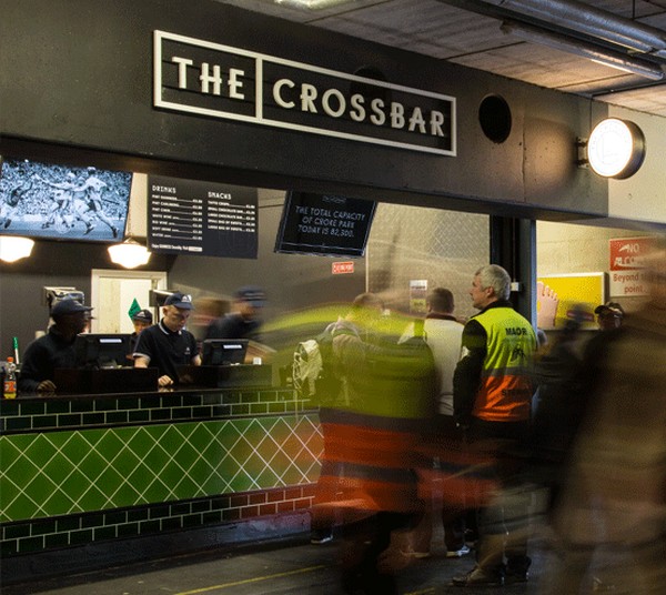 Designed by Slater Design interior design studio, The CrossBar is one of Croke Parks busiest bars and features traditional schoolhouse pendants from Mullan Lighting 