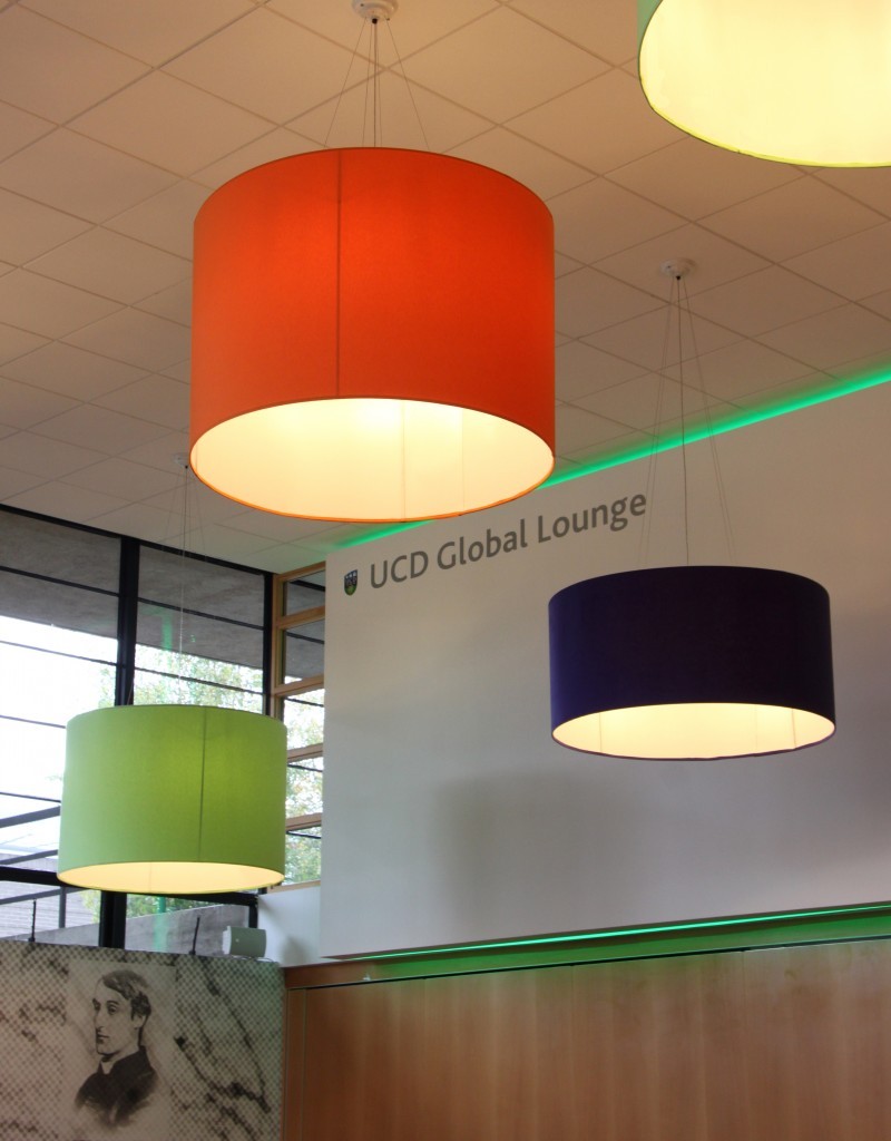 Mullan Lighting designed and manufactured these colourful bespoke lampshades for UCD global lounge 
