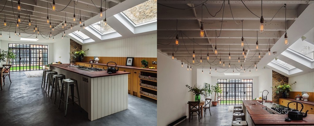 Industrial cluster pendants in this musician's kitchen in northwest London