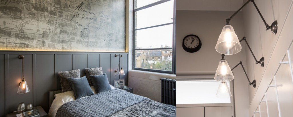 Industrial bedroom lighting at Chiswick Green Studios loft apartment