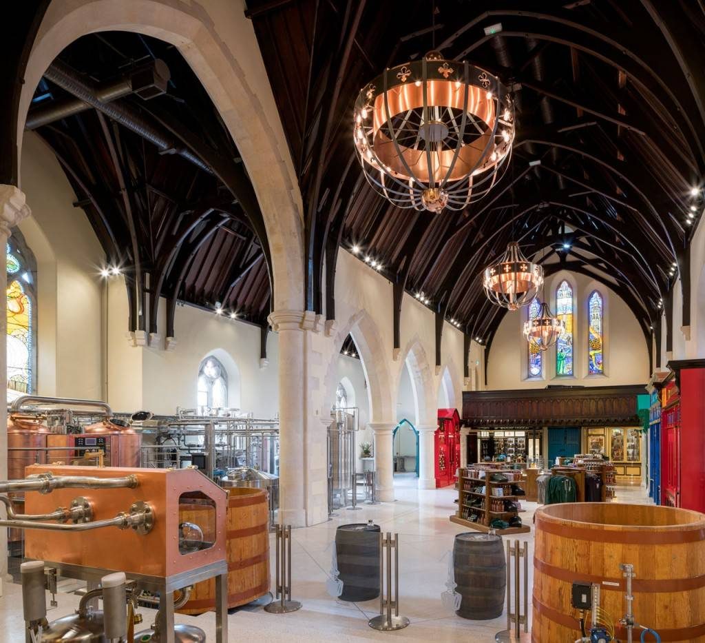 Bespoke chandelier from Mullan Lighting suspended in the Pearse Lyons Distillery