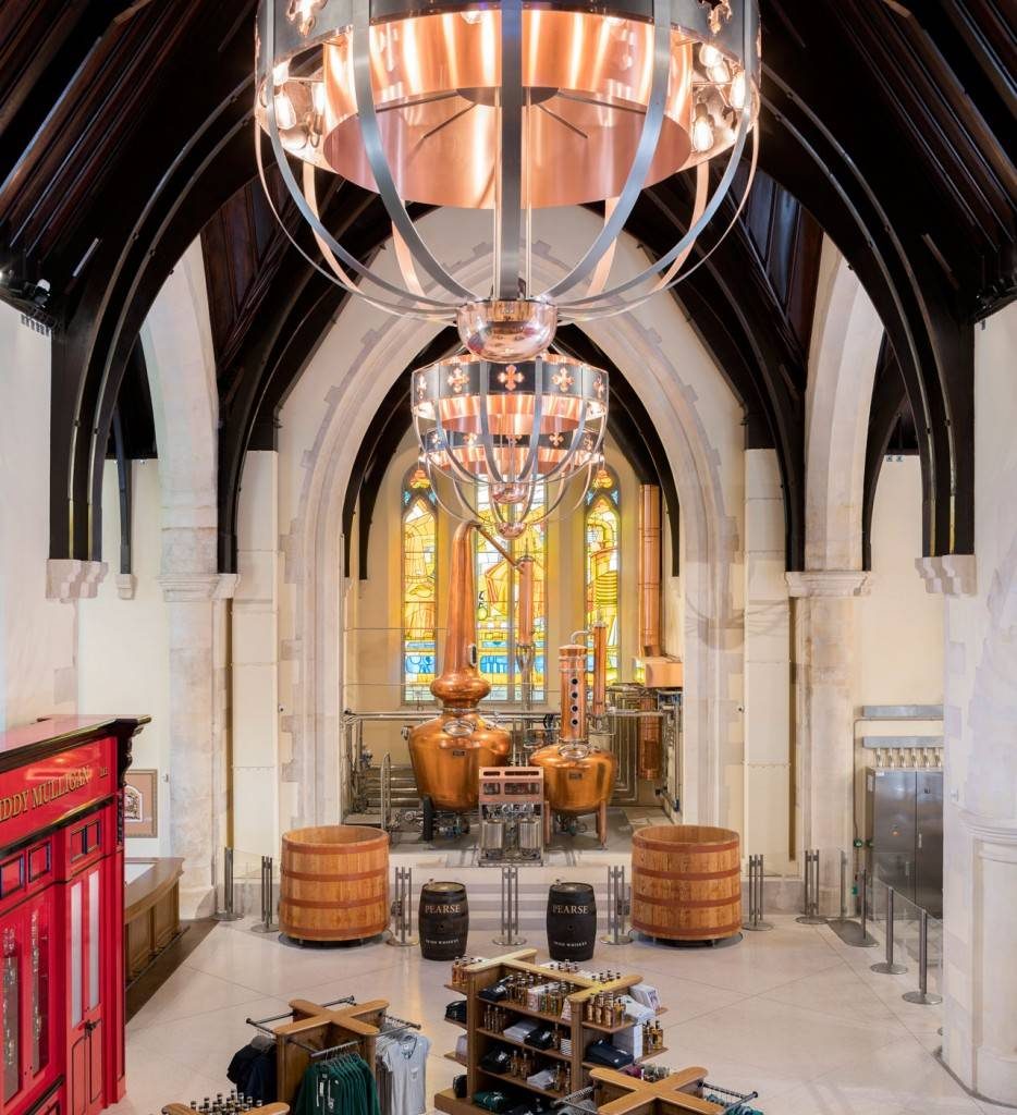 Bespoke chandelier from Mullan Lighting suspended in the Pearse Lyons Distillery