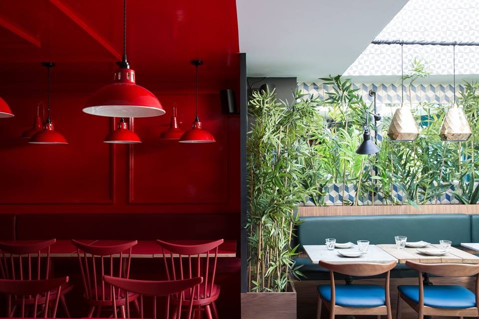Kingston Lafferty Design used Osson pendants in a powder-coated red from Mullan Lighting in this London restaurant 