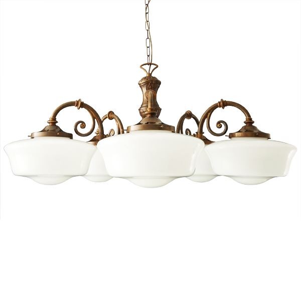 Boasting a traditional design, the Clones five-arm 1920's schoolhouse light will grace up any space with its unique style. This schoolhouse chandelier looks beautiful above dining room tables in homes or in rooms requiring large quantities of light.