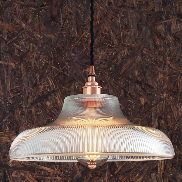 Glitzy and glamorous, the Mono industrial railway pendant 30cm gives a sparkling vintage look perfect for any modern or contemporary space. This holophane pendant light provides outstanding task lighting for kitchen islands, tables, and loft spaces.