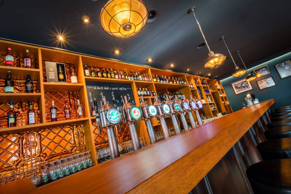 Vintage recessed Malé spotlights dot the roof of Al Capone restaurant in St. Gallen, Switzerland