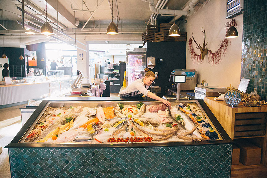 Our Skyler industrial cone pendants are artfully suspended above the fresh food counter at Fallon & Byrne, Rathmines