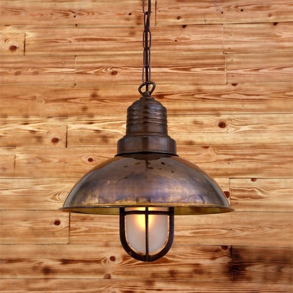 The Tirana deck pendant light from Mullan Lighting features an industrial style brass shade
