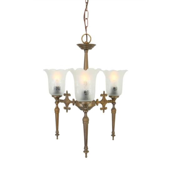 Allen Traditional Etched Glass Chandelier, Three-Arm