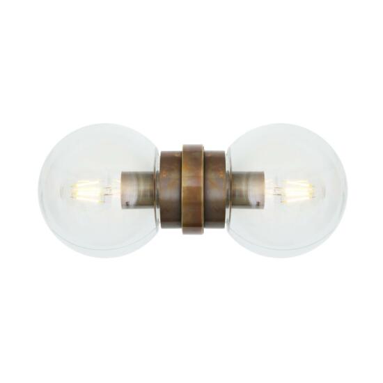 Eske Double Clear / Opal Glass Globe Wall Light, Antique Brass