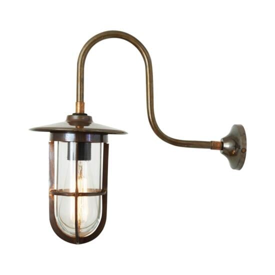 Fabo Well Glass Swan Neck Outdoor Wall Light IP65, Antique Silver Crackled Glass