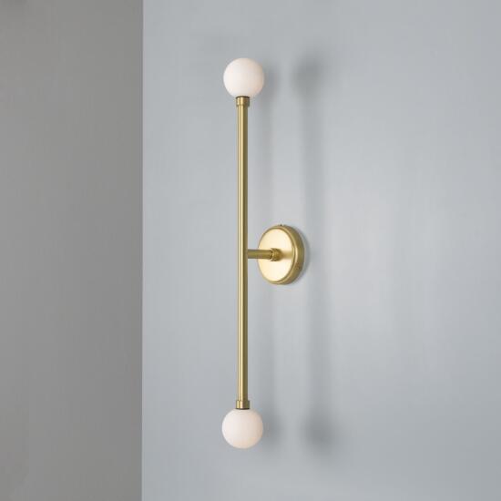 Silverton Double Globe Slim Bathroom Wall Sconce 77cm IP44, Satin Brass