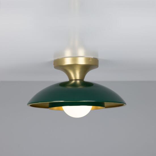 Marrakesh Art Deco Flush Ceiling Light 9.8", Satin Brass and Powder-Coated Racing Green