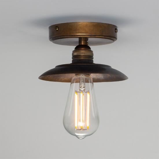 Reznor Industrial Exposed Bulb Flush Ceiling Light, Antique Brass