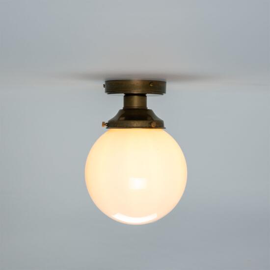 Yerevan Opal Globe Flush Ceiling Light 20cm, Satin Brass