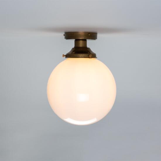 Yerevan Opal Globe Flush Ceiling Light 25cm, Antique Brass
