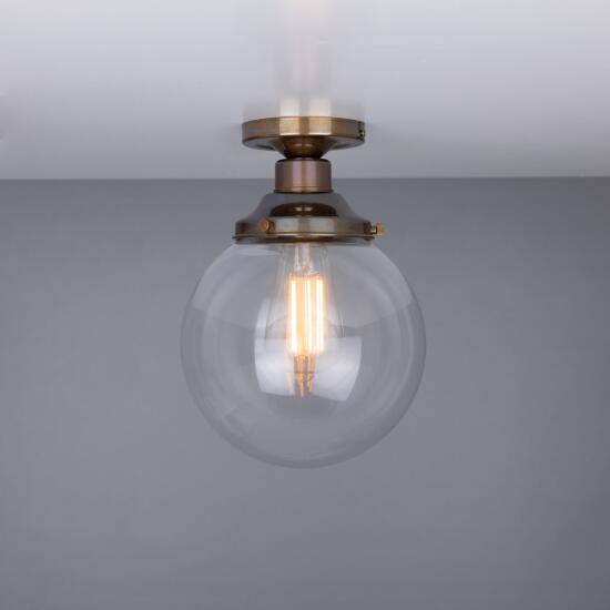 Riad Clear Glass Globe Flush Ceiling Light 20cm, Antique Brass