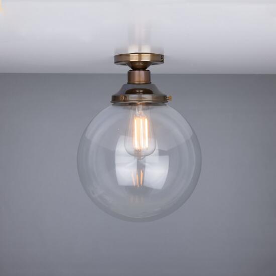 Riad Clear Glass Globe Flush Ceiling Light 25cm, Antique Brass