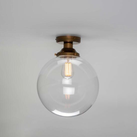 Riad Clear Glass Globe Flush Ceiling Light 30cm, Antique Brass