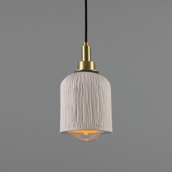 Osier Organic Ceramic Bathroom Pendant Light 11.5cm, Matte White Striped IP44, Satin Brass