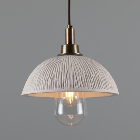 Kingii Ceramic Dome Bathroom Pendant Light 7.87", Matte White Striped IP44, Antique Brass