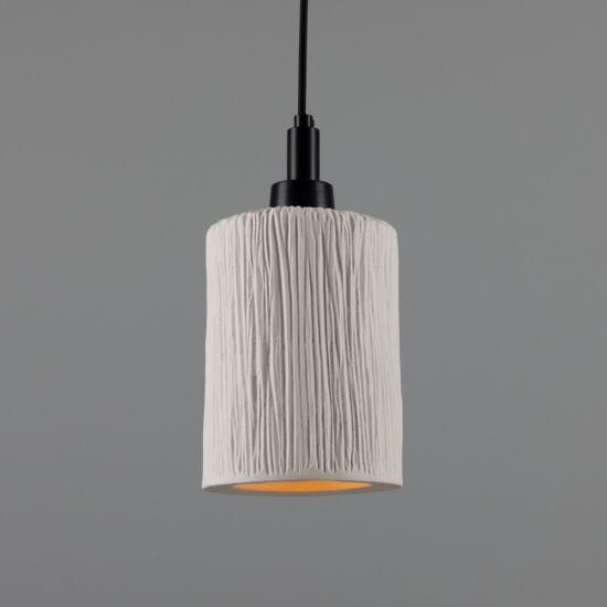 Senna Organic Ceramic Cylinder Bathroom Pendant Light 4.7", Matte White Striped IP44, Powder-Coated Matte Black