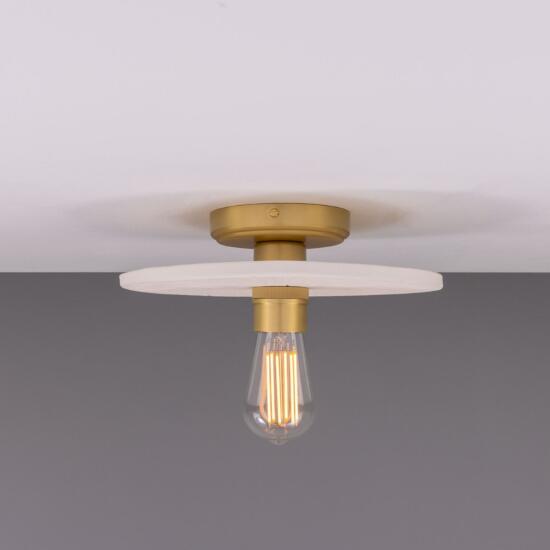 Bog Oak Organic Ceramic Disc Ceiling Light, Matte White Striped, Satin Brass