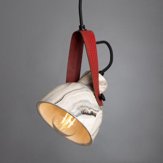 Pera Marbled Ceramic Pendant with Red Rescued Fire-Hose Strap, Powder-Coated Matte Black