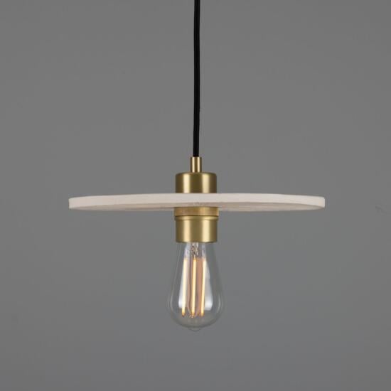 Bog Oak Organic Ceramic Disc Pendant Light, Matte White Striped, Satin Brass