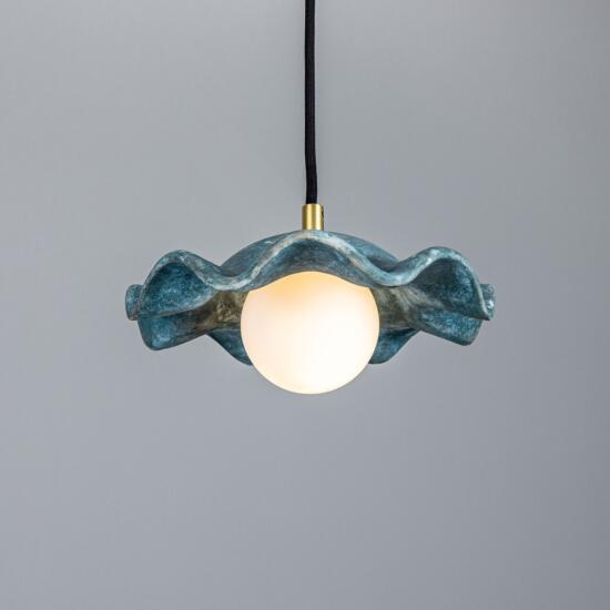 Rivale Pendant Light with Wavy Ceramic Shade, Blue Earth, Satin Brass