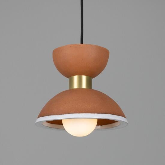 Nakaii Organic Ceramic Pendant Light 20cm, Terracotta and White, Satin Brass