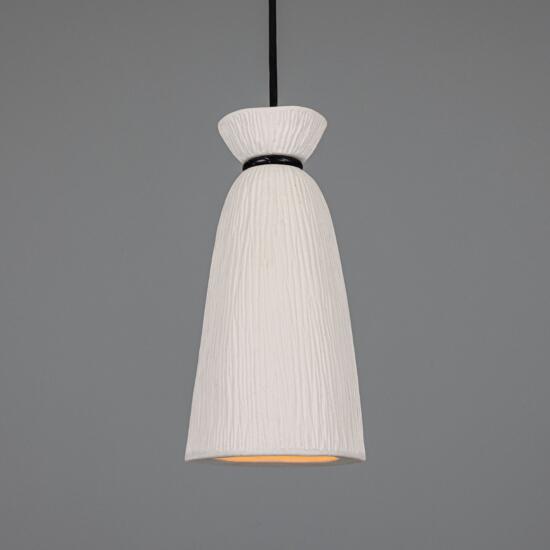 Pando Organic Ceramic Pendant Light 5.5", Matte White Striped, Powder-Coated Matte Black