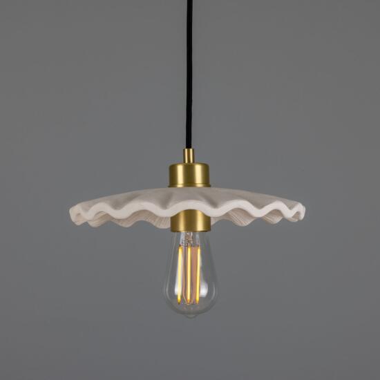 Kapok Organic Ceramic Pendant Light 10.6", Matte White Striped, Satin Brass