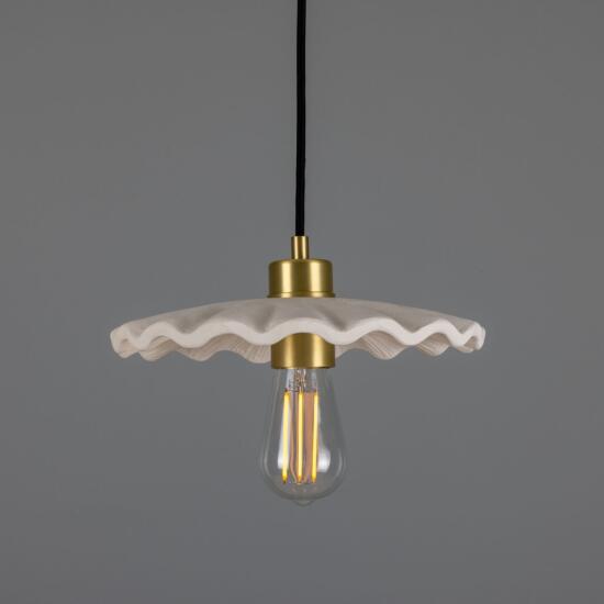 Kapok Organic Ceramic Pendant Light 27cm, Matte White Striped, Satin Brass