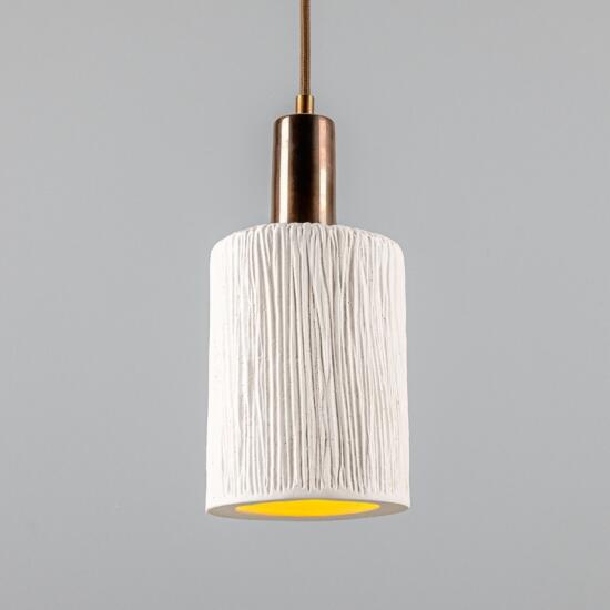 Senna Organic Ceramic Cylinder Pendant Light 12cm, Matte White Striped, Antique Brass