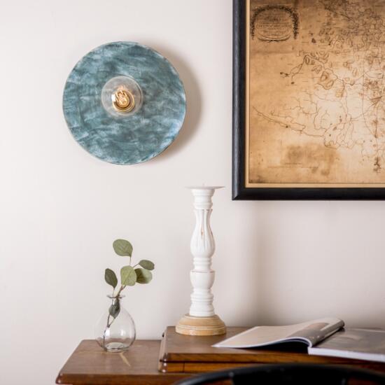 Bog Oak Organic Ceramic Disc Wall Light, Blue Earth