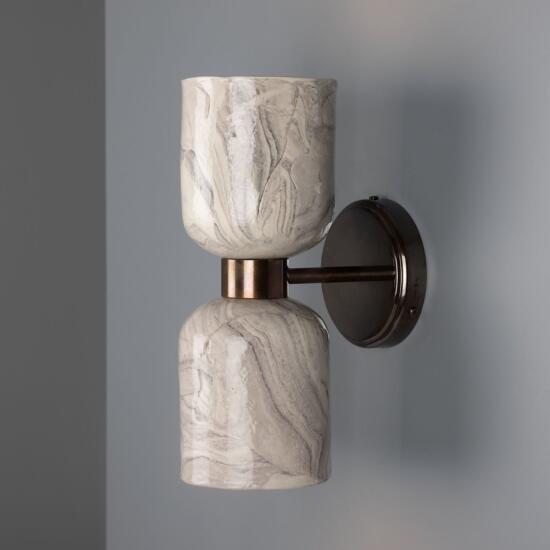Sakura Marbled Ceramic and Brass Double Wall Sconce, Antique Brass