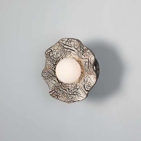 Rivale Wall Sconce with Wavy Ceramic Shade, Black Clay, Antique Brass