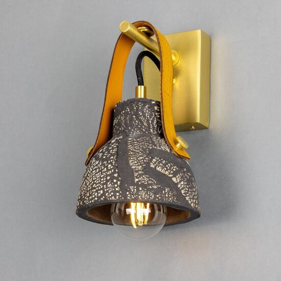 Nagi Organic Ceramic Wall Sconce with Rescued Fire-Hose Strap, Black Clay, Satin Brass with Yellow Strap
