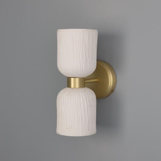 Sakura Double Ceramic and Brass Wall Sconce, Matte White Striped, Satin Brass