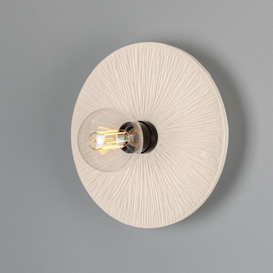 Bog Oak Organic Ceramic Disc Wall Sconce, Matte White Striped, Powder-Coated Matte Black