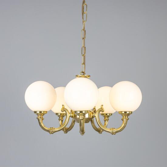Ben Ornate Brass Chandelier with Opal Glass Globes, Five-Arm, Polished Brass
