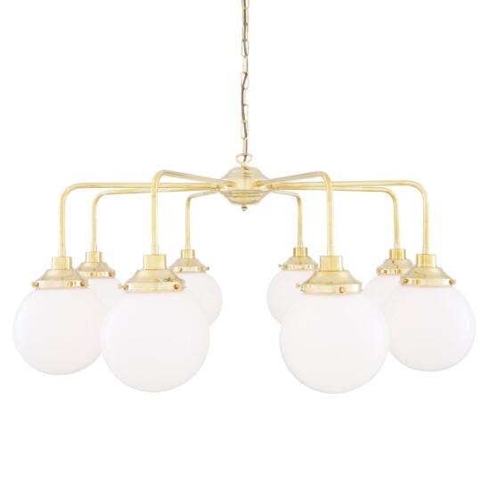 Rome Mid-Century Single Tier Brass Chandelier with Opal Globe Shades, Eight-Light