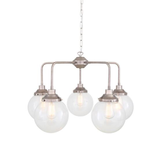 Rome Mid-Century Single Tier Brass Chandelier with Clear Glass Globe Shades, Five-Light