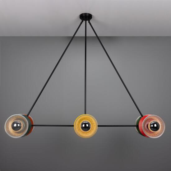 Eclipse Multicoloured Holophane Glass Dish Chandelier, Powder-Coated Matte Black