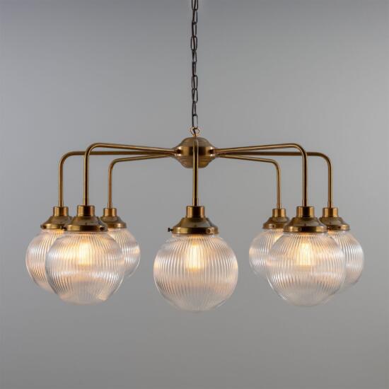 Genoa Prismatic Glass Chandelier, Eight-Light, Antique Brass