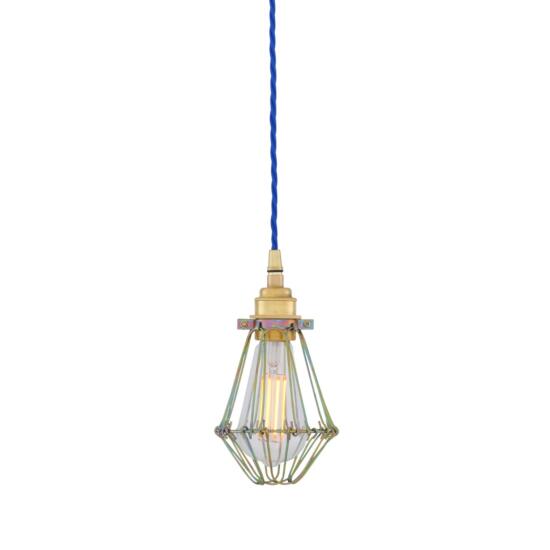 Praia Gold Industrial Bulb Cage Pendant Light, Blue Cable