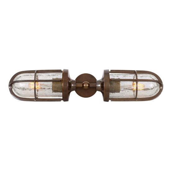 Clayton Double Well Glass Wall Sconce IP54, Crackled Glass, Antique Brass