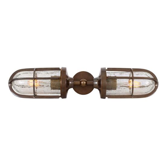 Clayton Double Well Glass Wall Light IP54, Crackled Glass, Antique Brass