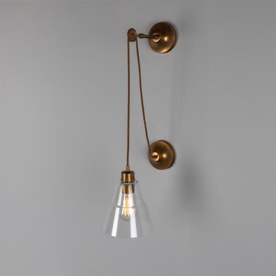 Rigale Industrial Pulley Wall Sconce with Stepped Glass Lamp Shade, Antique Brass